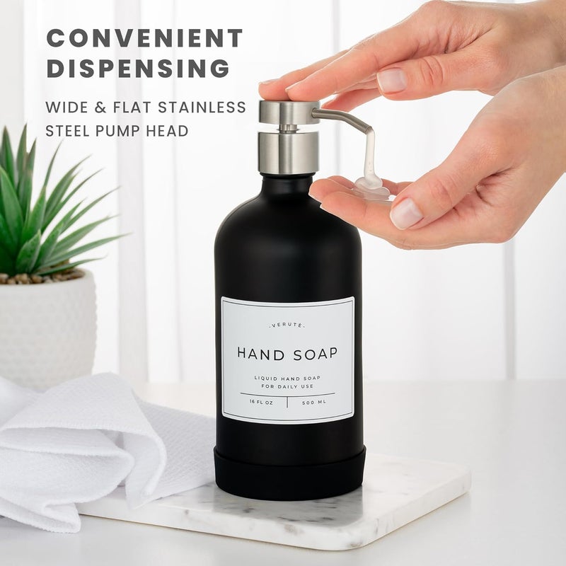Verute Hand and Dish Soap Dispenser for Kitchen and Bathroom, Set of 2 16 Oz Glass Bottles, Stainless Steel Pumps, Non-Slip Silicone Base, 27 Waterproof Labels (Matte Black Bottle/Brushed Silver Pump) - Image 4